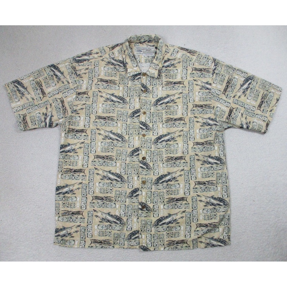 AFTCO American Fishing‎ Tackle Shirt Mens Large Tan Marlin Fishing Aloha